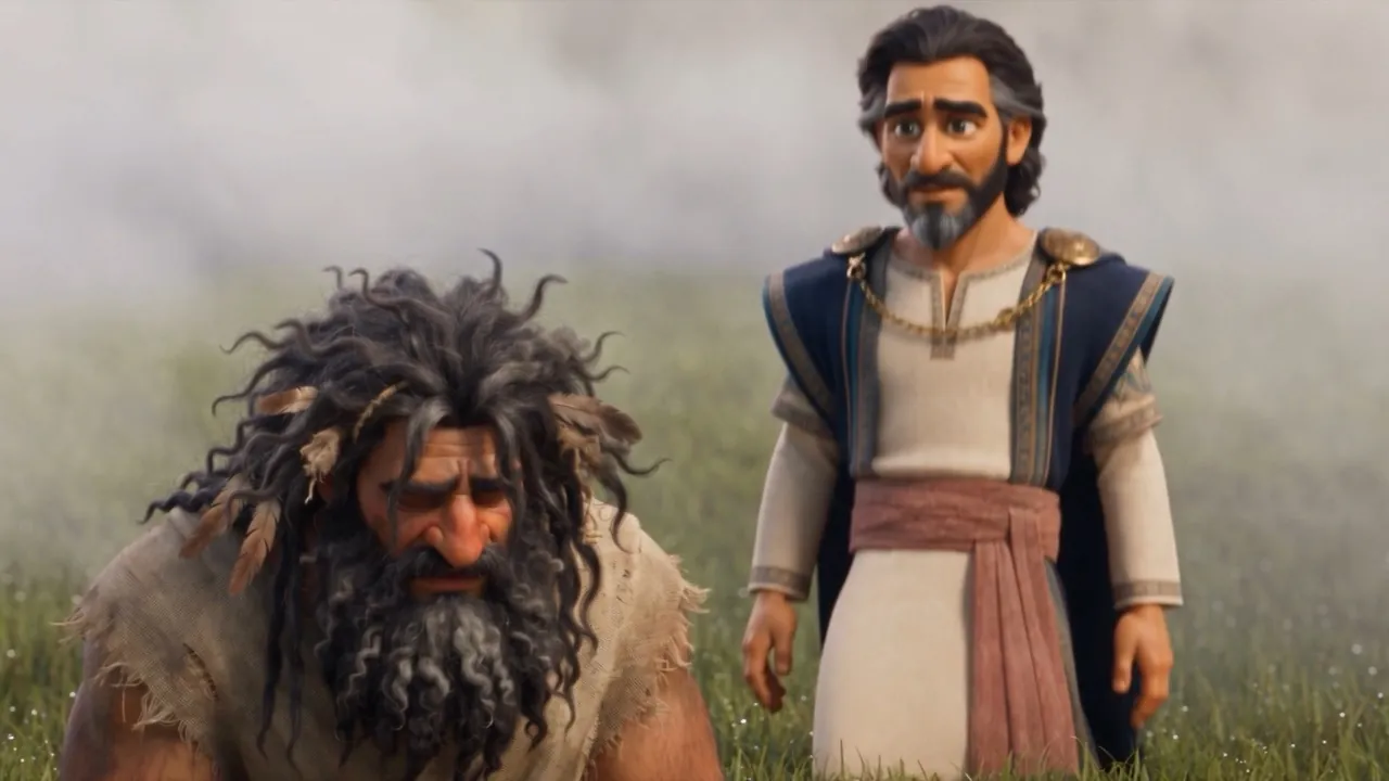 The wild-haired king looks up — and knows him
