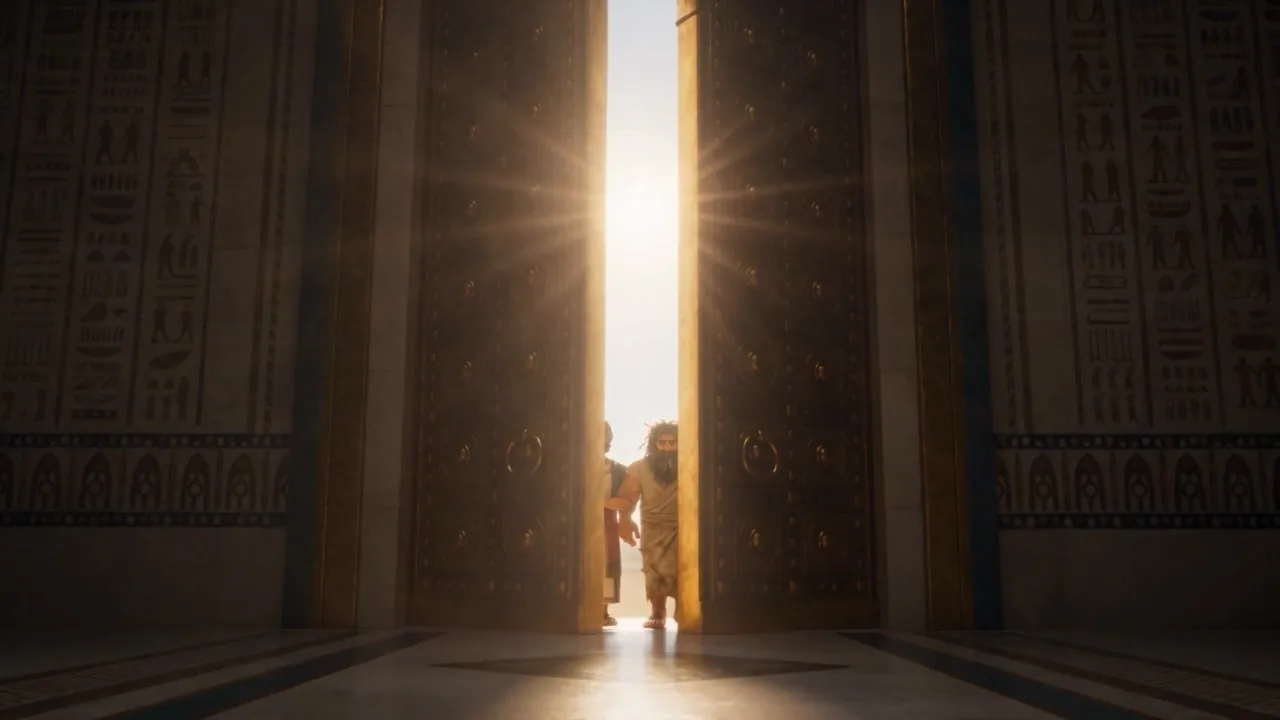 The palace doors open on light — two figures in the doorway