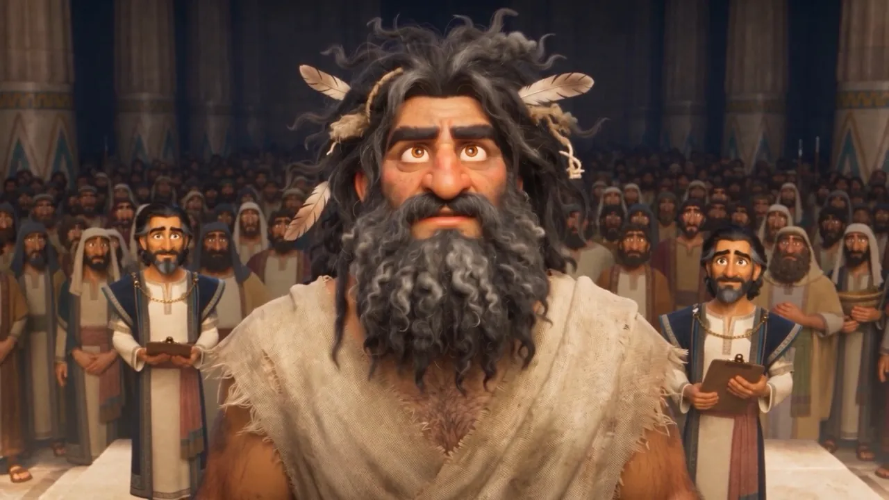 Barefoot and shaggy, the king looks up — a changed man
