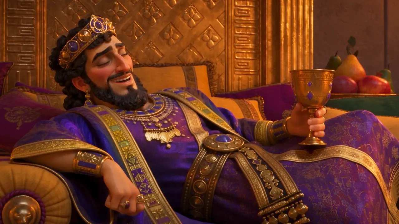 Belshazzar sprawls on a golden couch, wine cup in hand