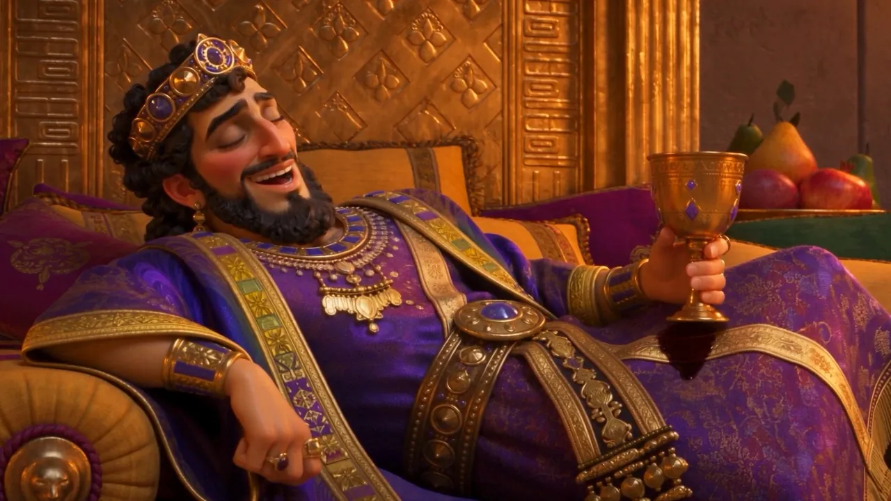 The young king laughs at his own joke, cup raised