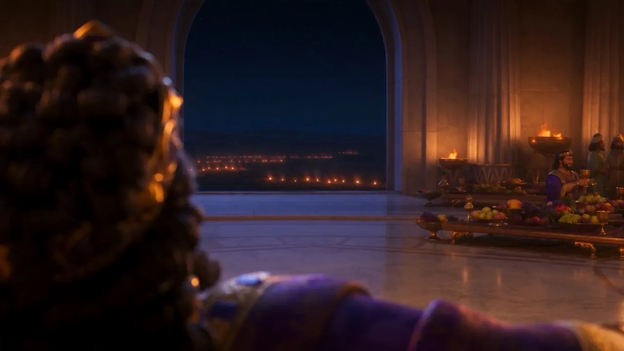 The feast hall glows, the night city beyond the arches