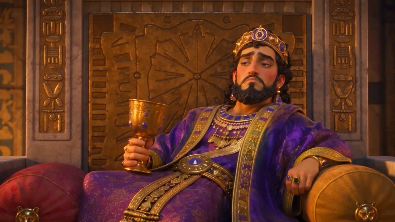 The king slumps on his throne couch, bored with his own party