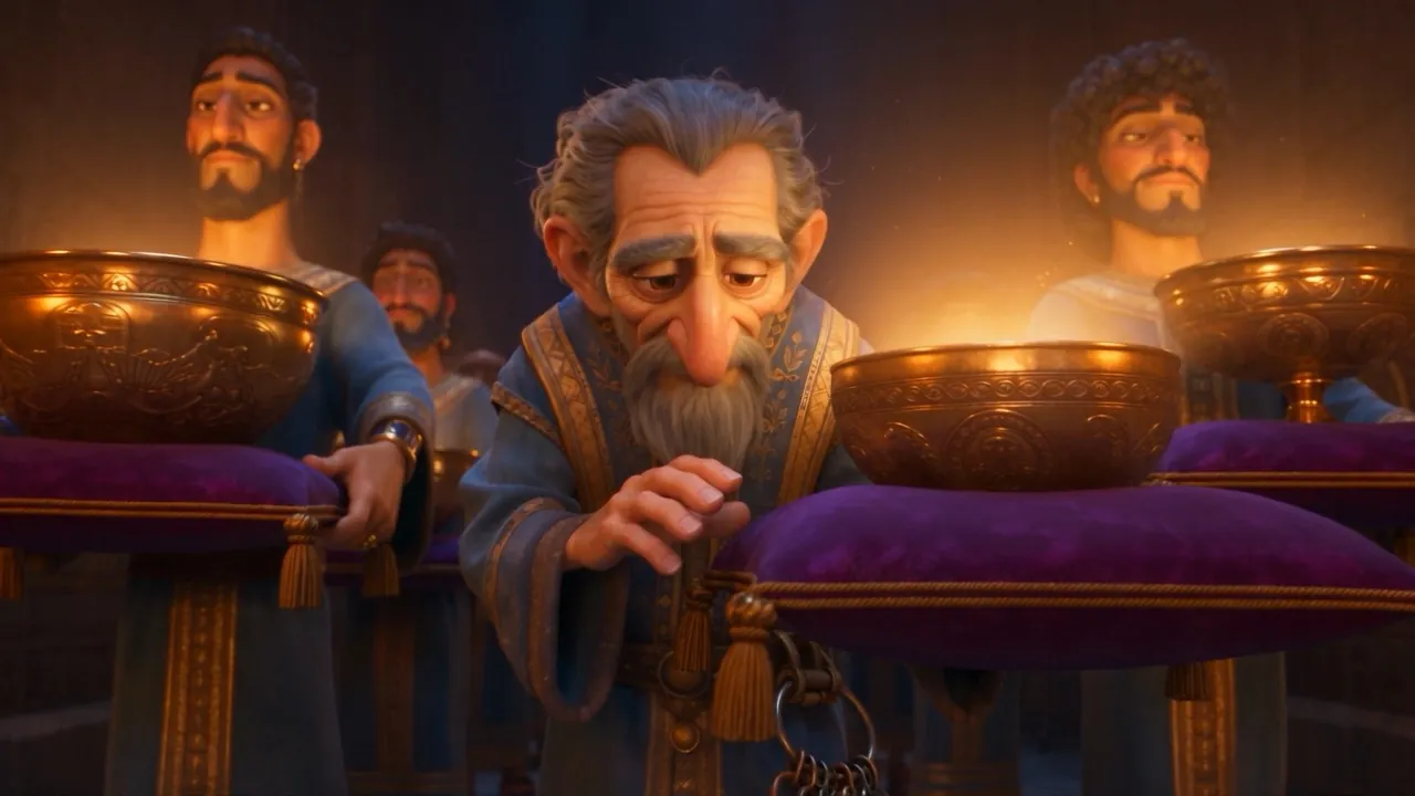 The old keeper's hands hover over the gold bowls, grieving