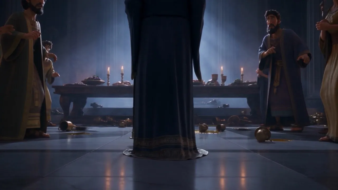 A dark figure sweeps into the ruined feast