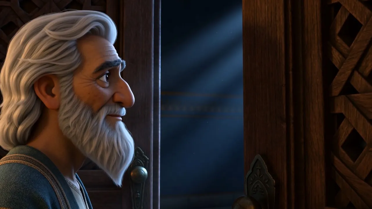 Daniel — white-haired now, very old — at the feast hall door