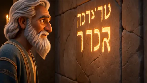 Burning letters on the wall reflect in old Daniel's eyes