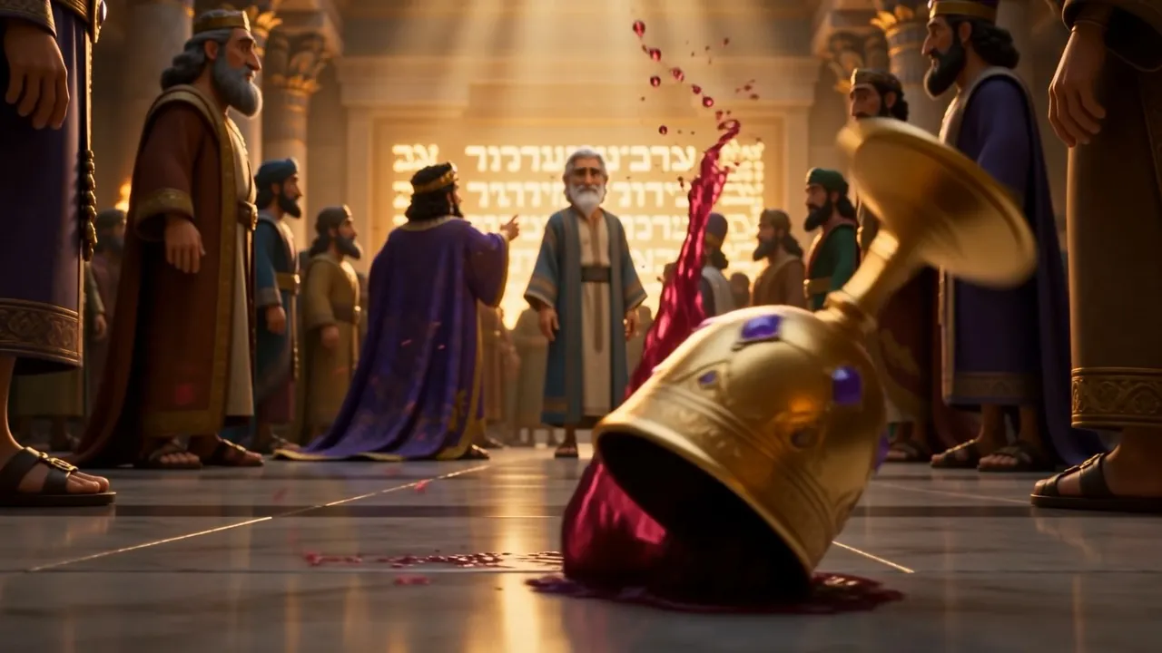 A temple cup lies toppled, wine spreading like blood