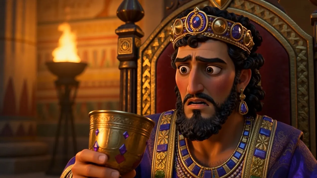 Belshazzar shrinks into his throne, cup at his lips