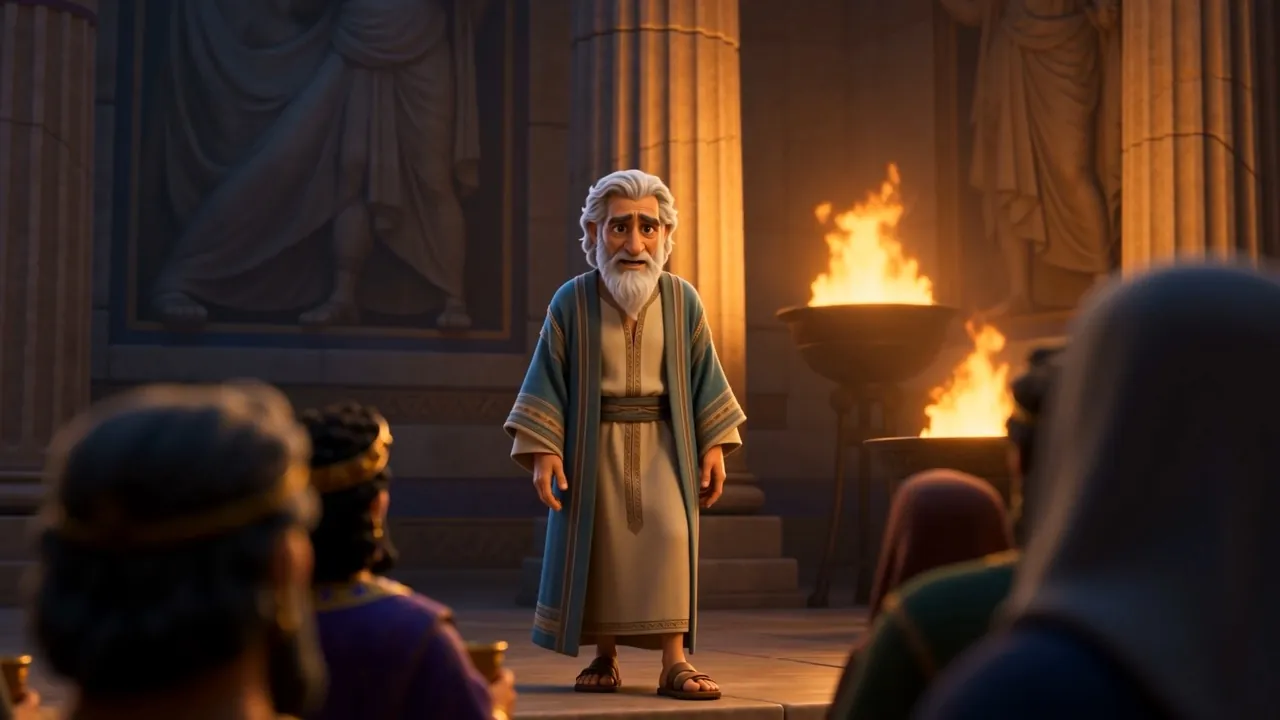 Daniel stands by the brazier and delivers the meaning