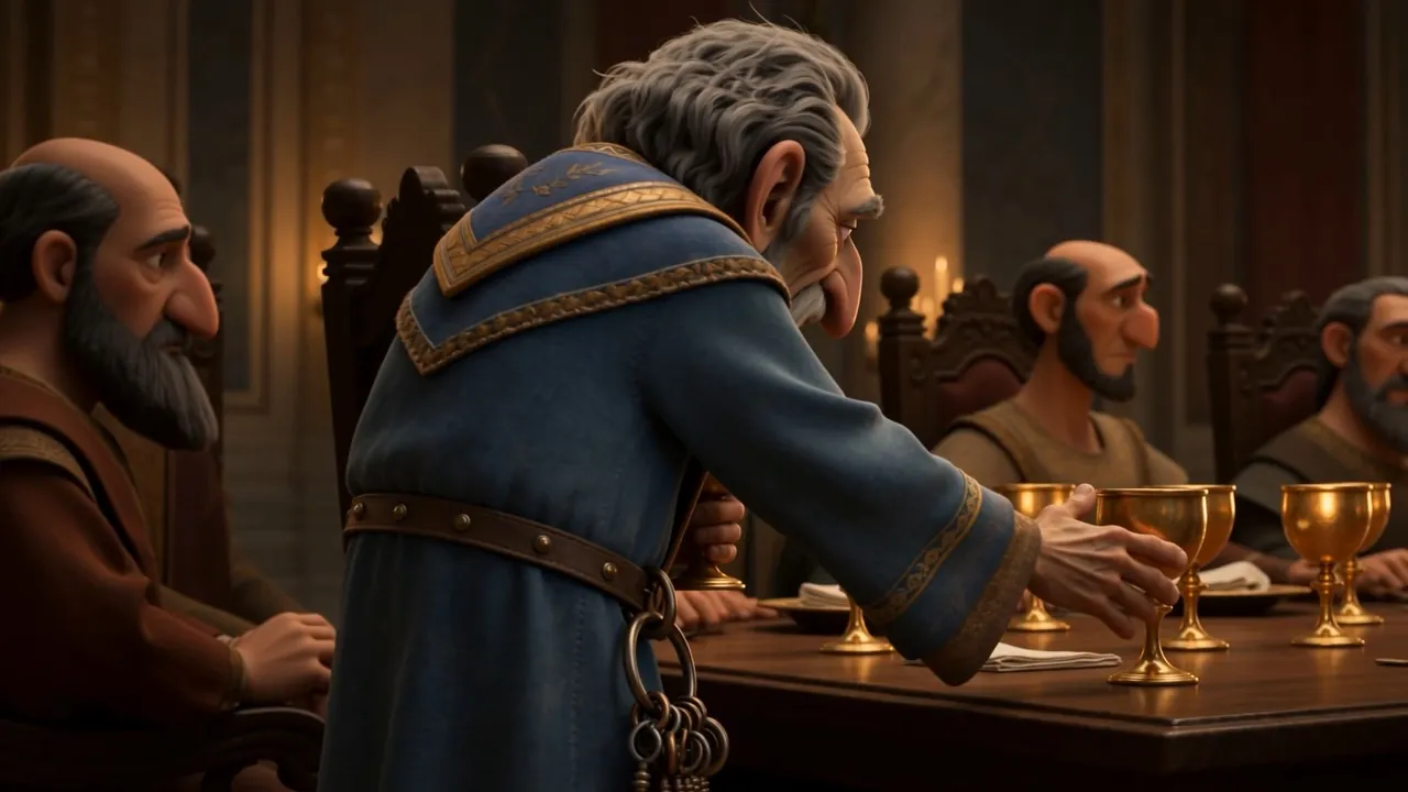 The old treasurer leans over the table, gathering them