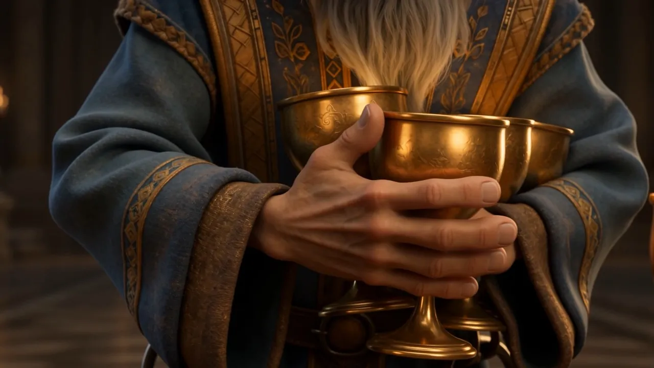 He presses the holy cups together in his arms