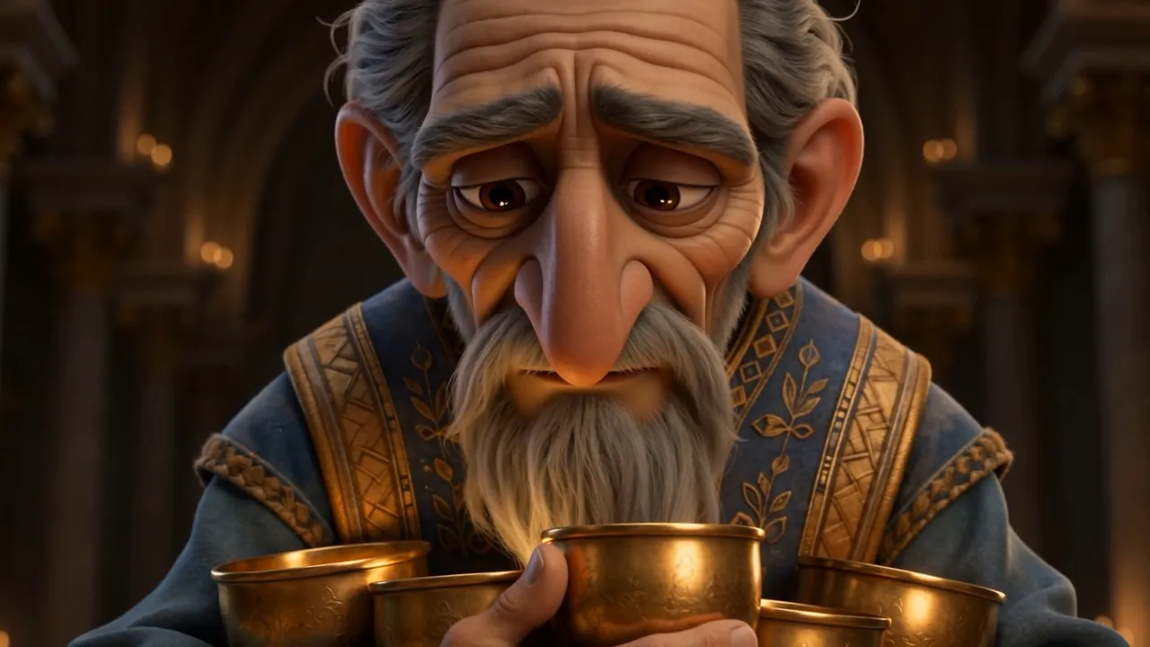 The old keeper bows his head over the gathered vessels