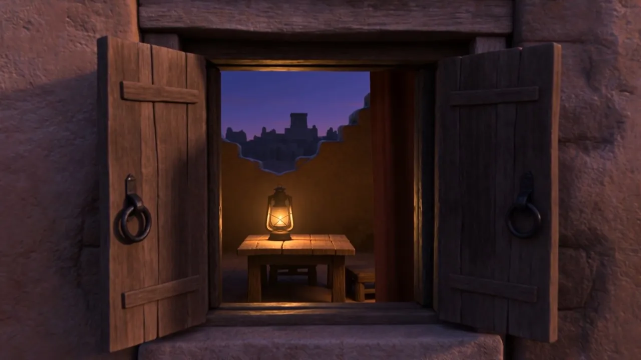 With a lamp lit behind it