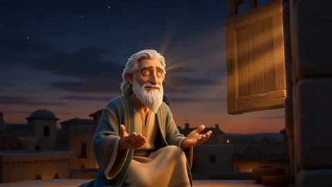 An old man kneeling with open hands at a wide-open window at dusk, the city rooftops behind him