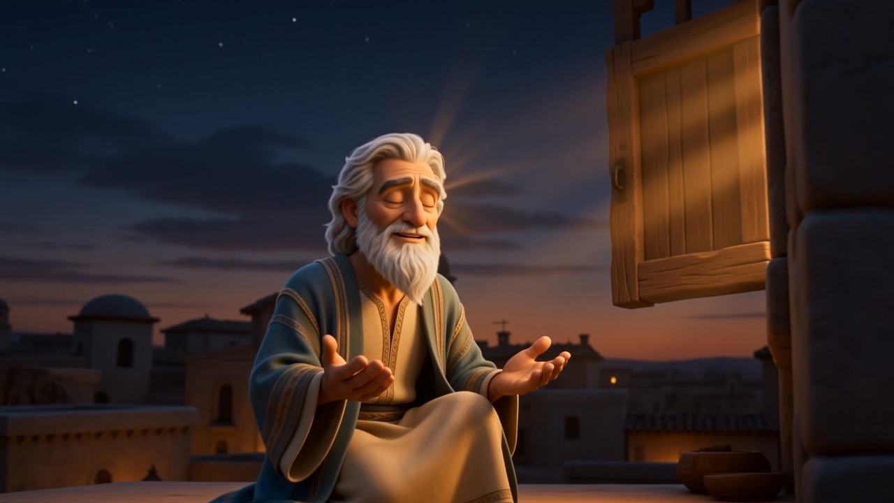 An old man kneeling with open hands at a wide-open window at dusk, the city rooftops behind him