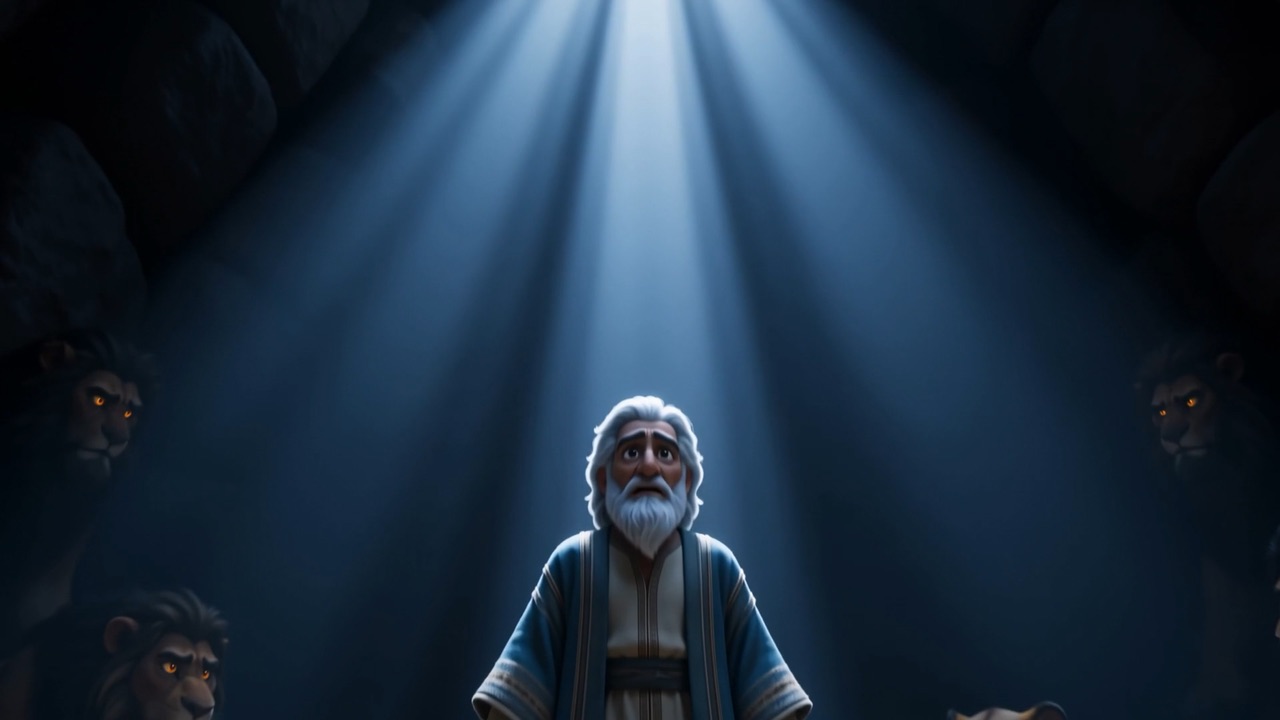 Daniel stands in a moonbeam ringed by lions