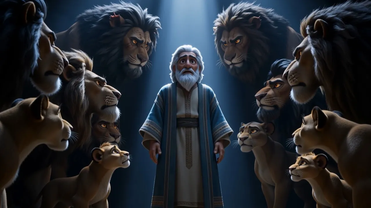 He opens his hands. The lions watch