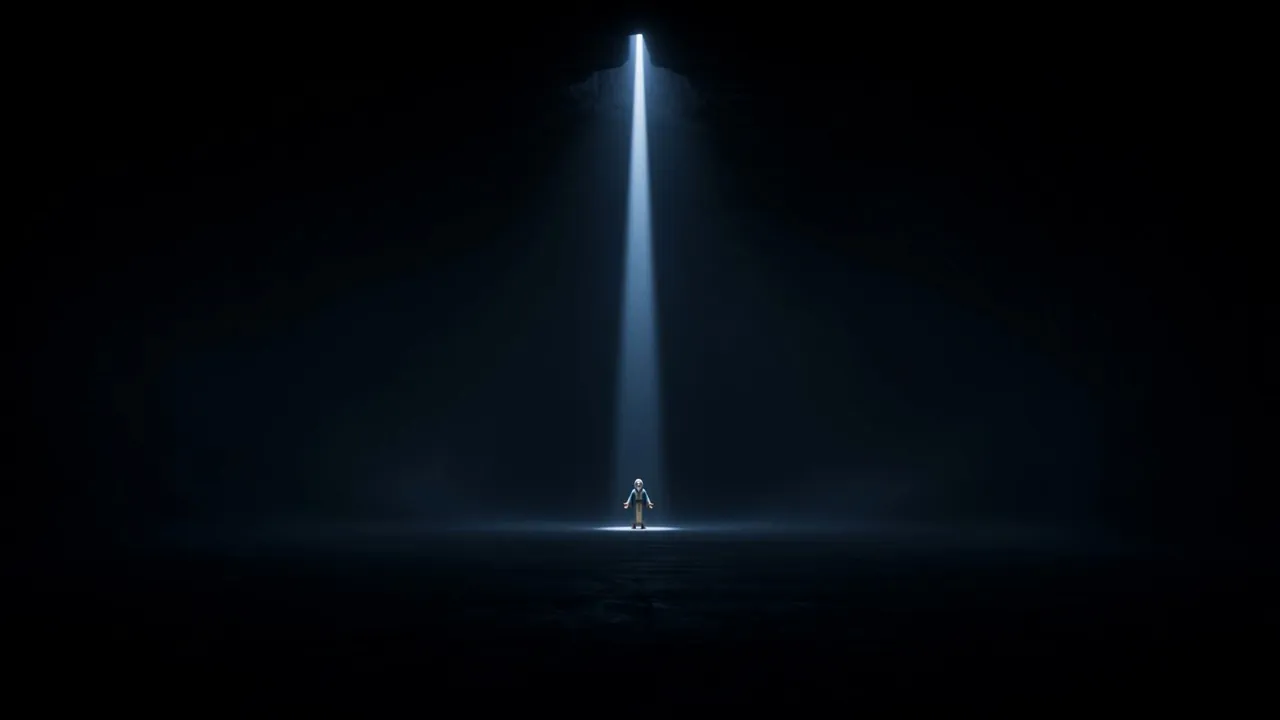 Daniel, small and calm, in the column of light