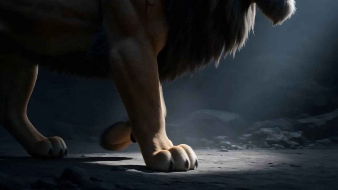 A black-maned lion, scarred and enormous, comes close