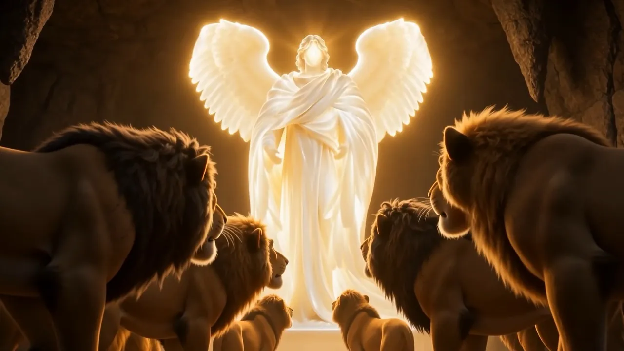 A figure of white fire stands among them, wings unfolding