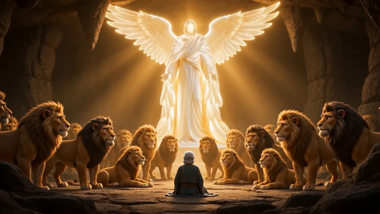The angel stands guard in glory among the bowed lions