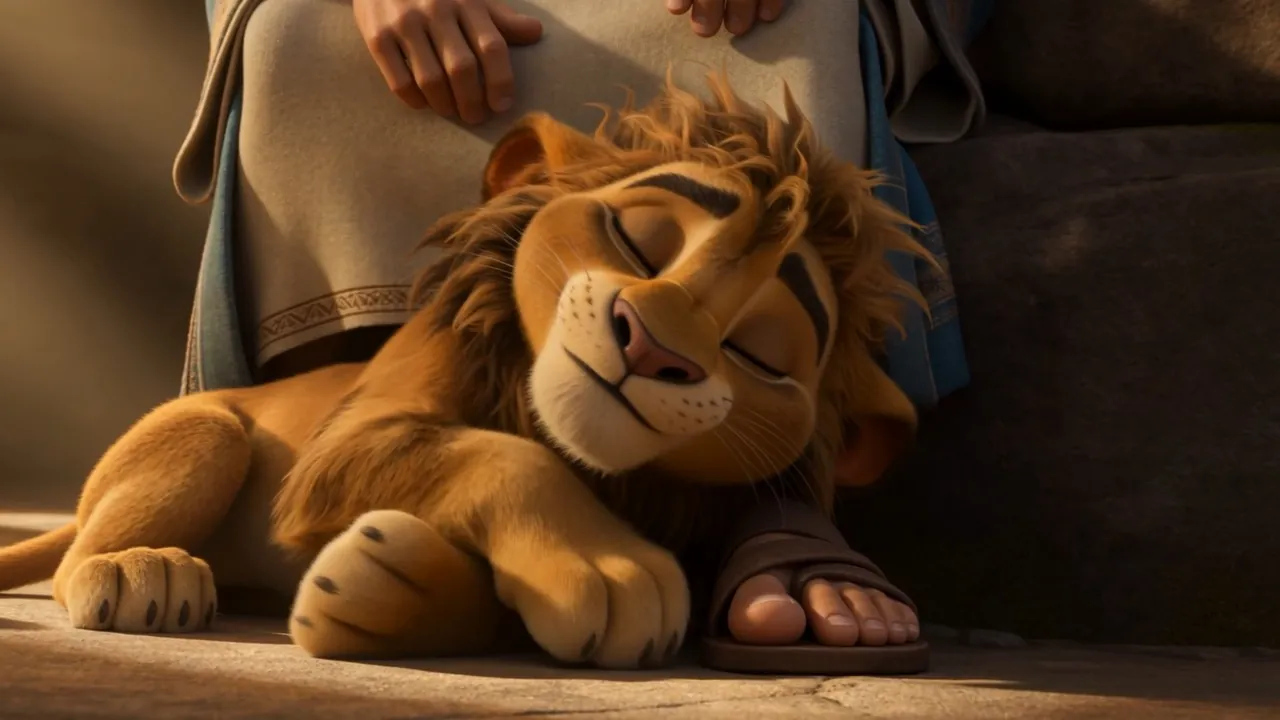 Daniel tucks his own cloak over the sleeping lion