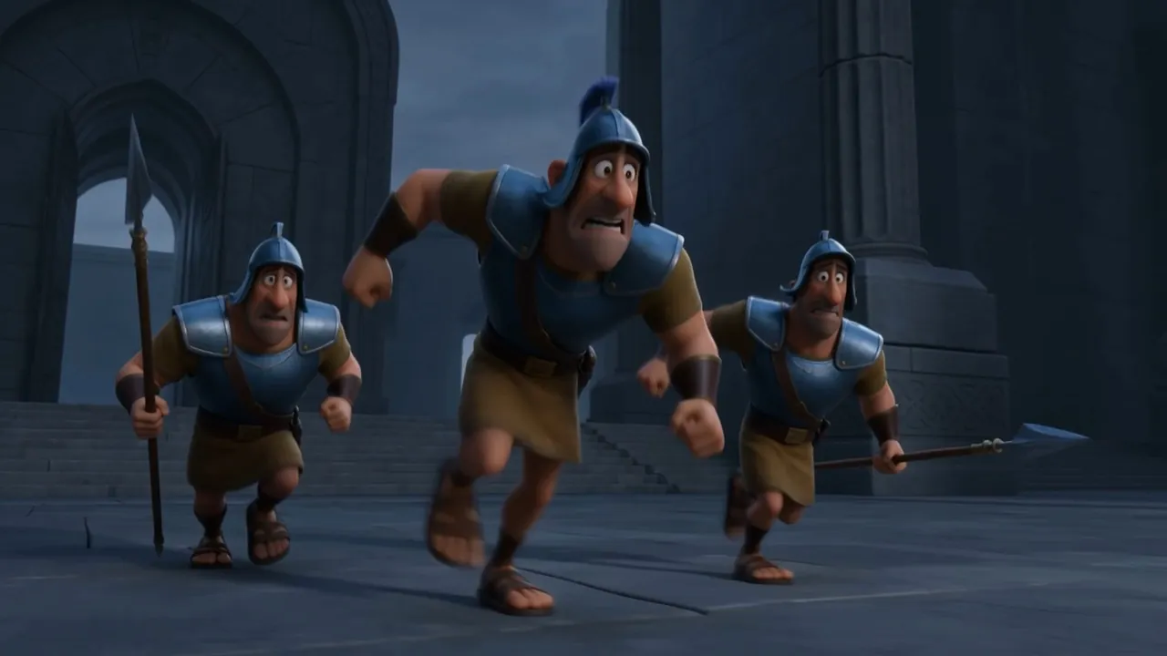 The guards scramble to keep up with the old man