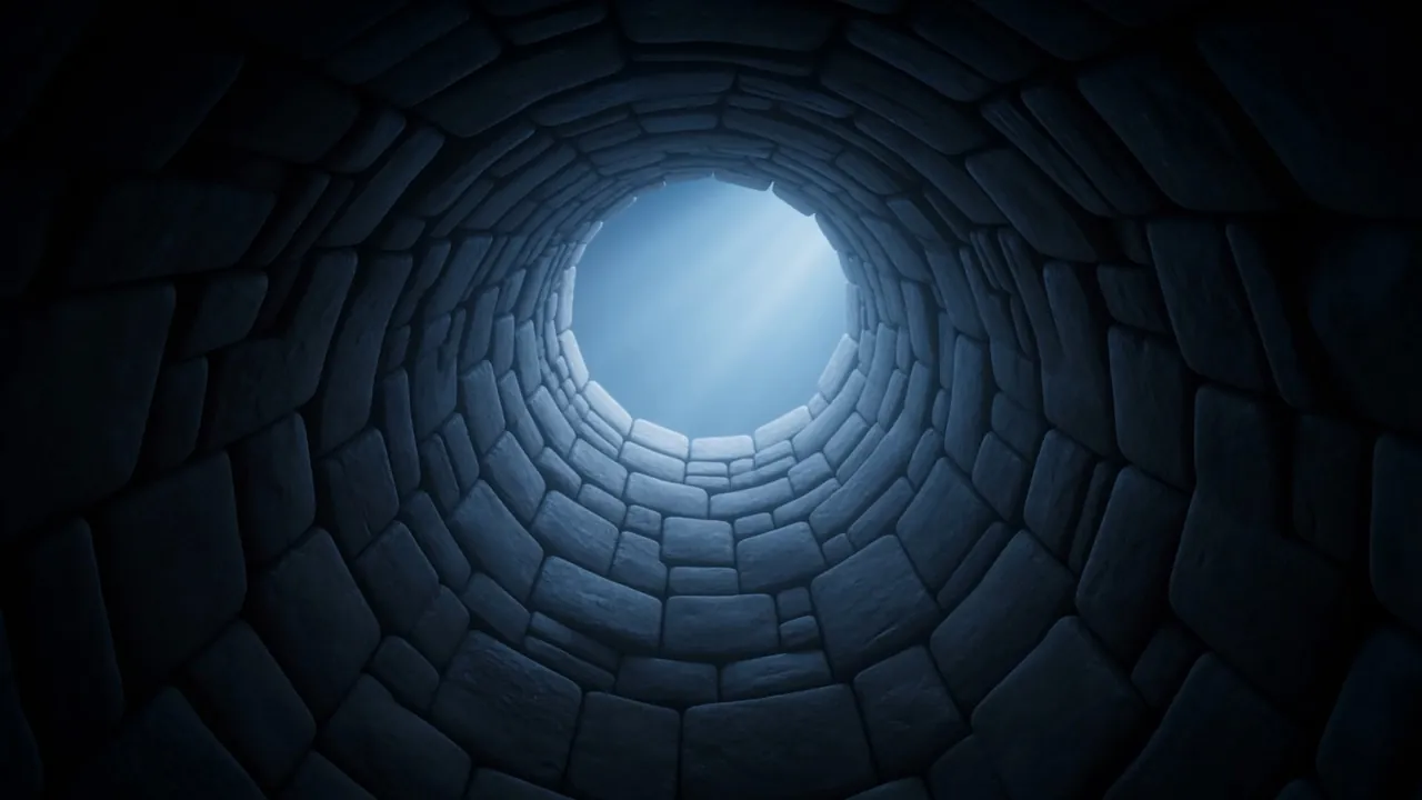 From inside the den: the round mouth opens high above