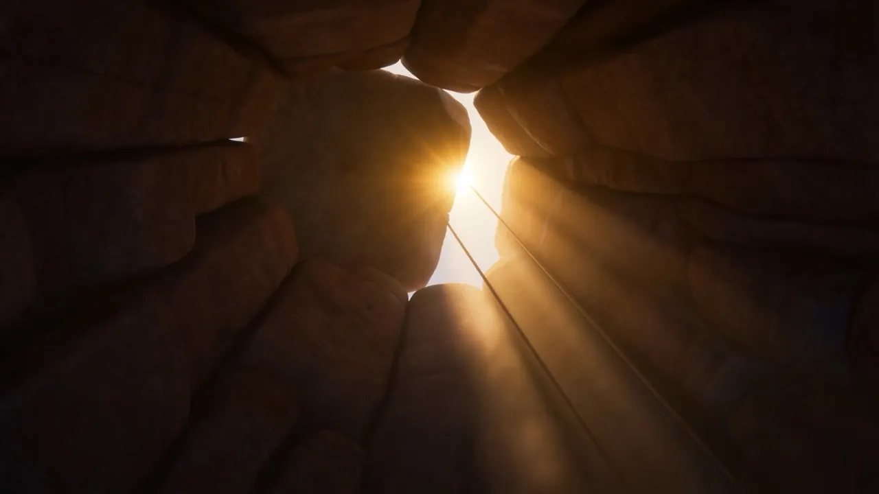 The stone slides off — sunrise pours into the den