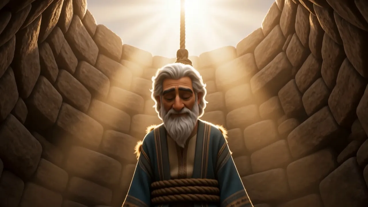 Daniel rises through the light column, rope under his arms