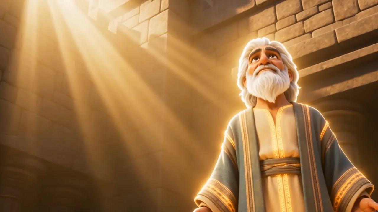 Daniel stands in the sunbeams, arms open, glowing with morning