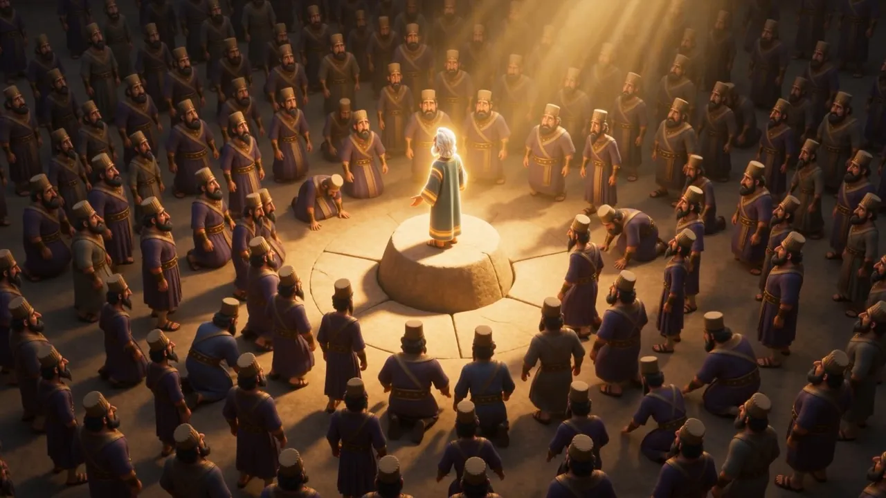 From above: the whole court kneels in rings around him