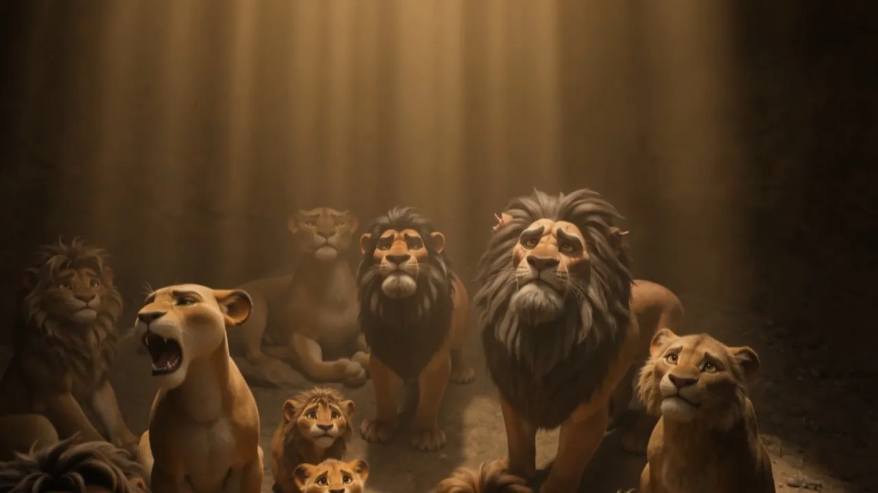 Down in the den, the lion families blink up at the light