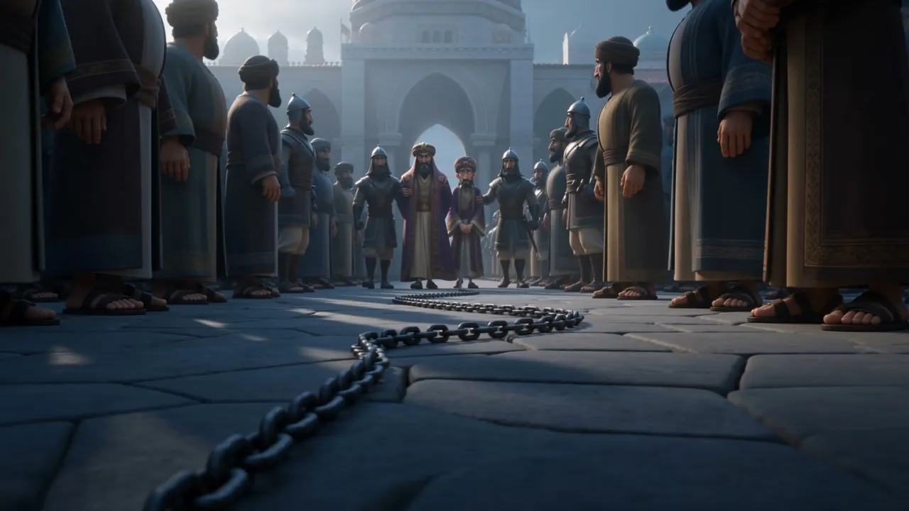 Chains drag across the flagstones of the square