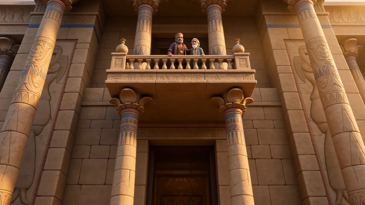 The crowd below looks up at the palace balcony
