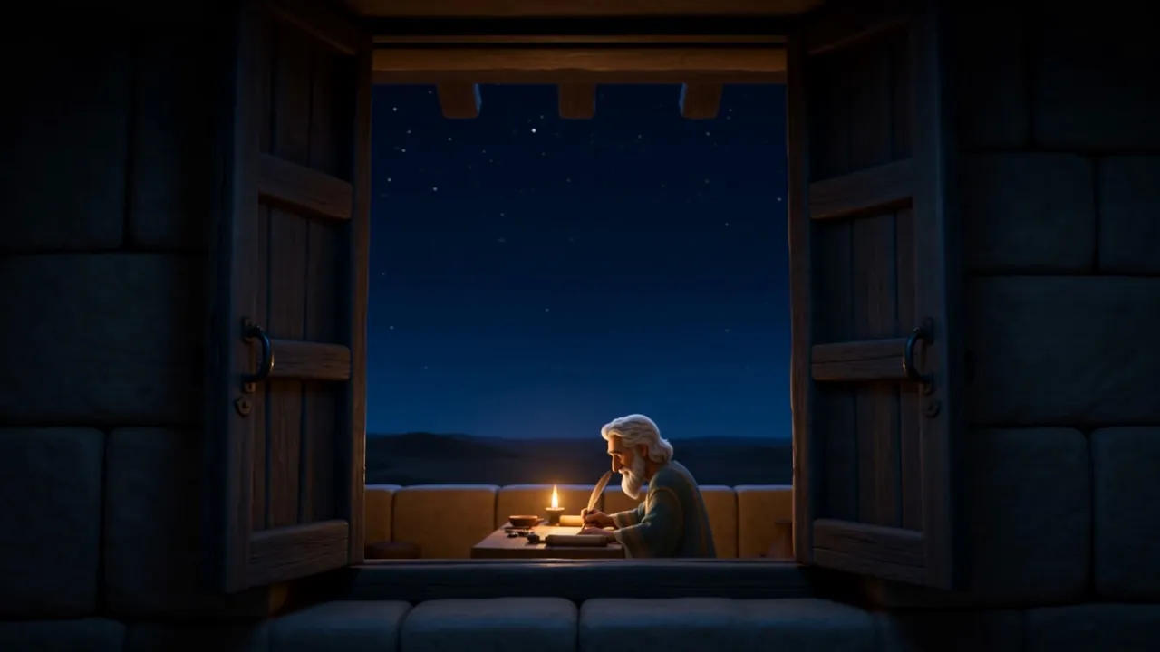 A lit window in the dark — the old man at his desk