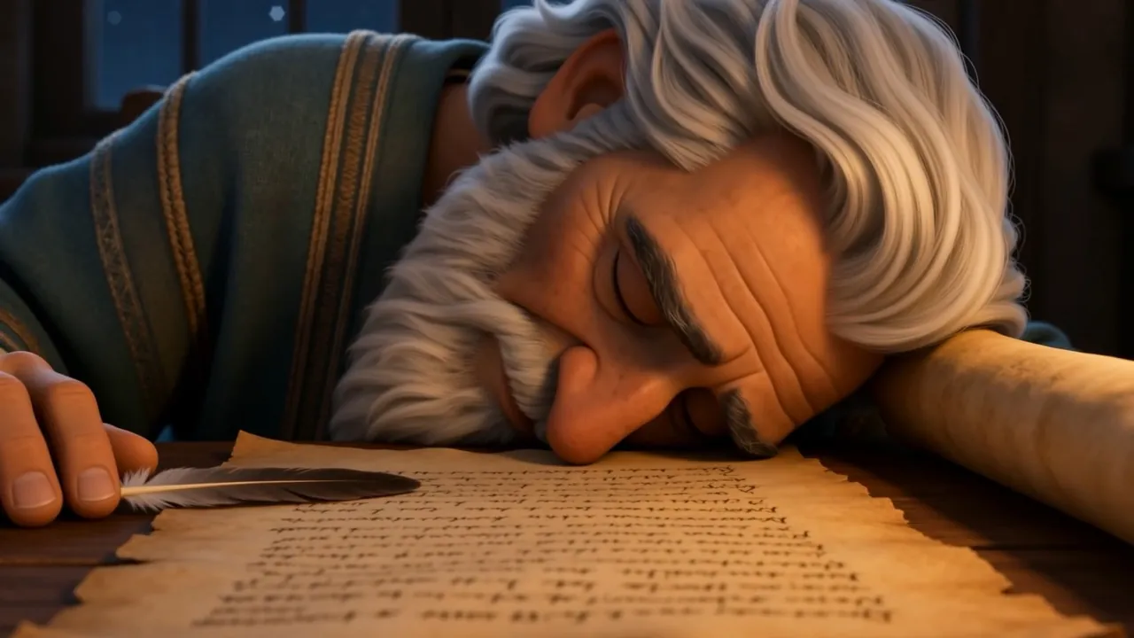 Sleep takes him gently, cheek on the finished page