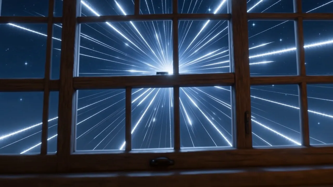 Light gathers and streaks beyond the window panes