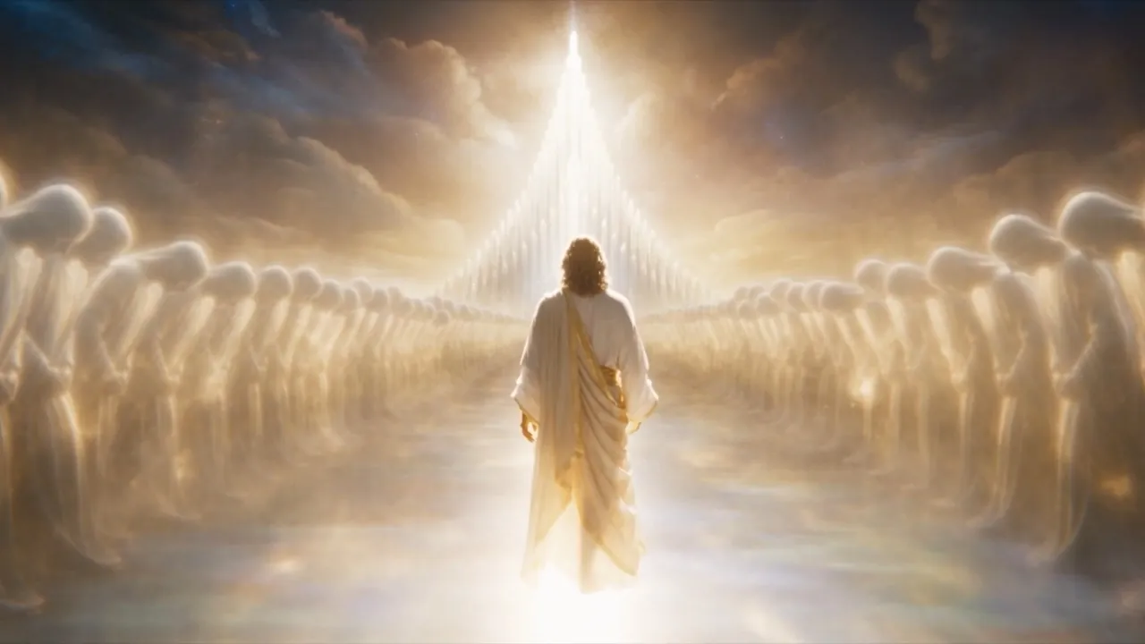 Down a road of light between ranks that go past seeing