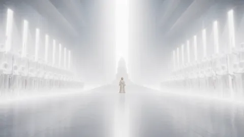 A vast white hall with ranks of shining figures and one small figure walking toward a distant throne
