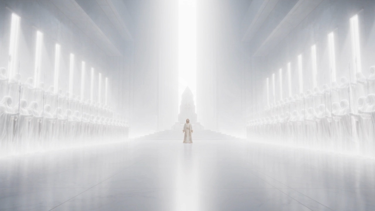 A vast white hall with ranks of shining figures and one small figure walking toward a distant throne