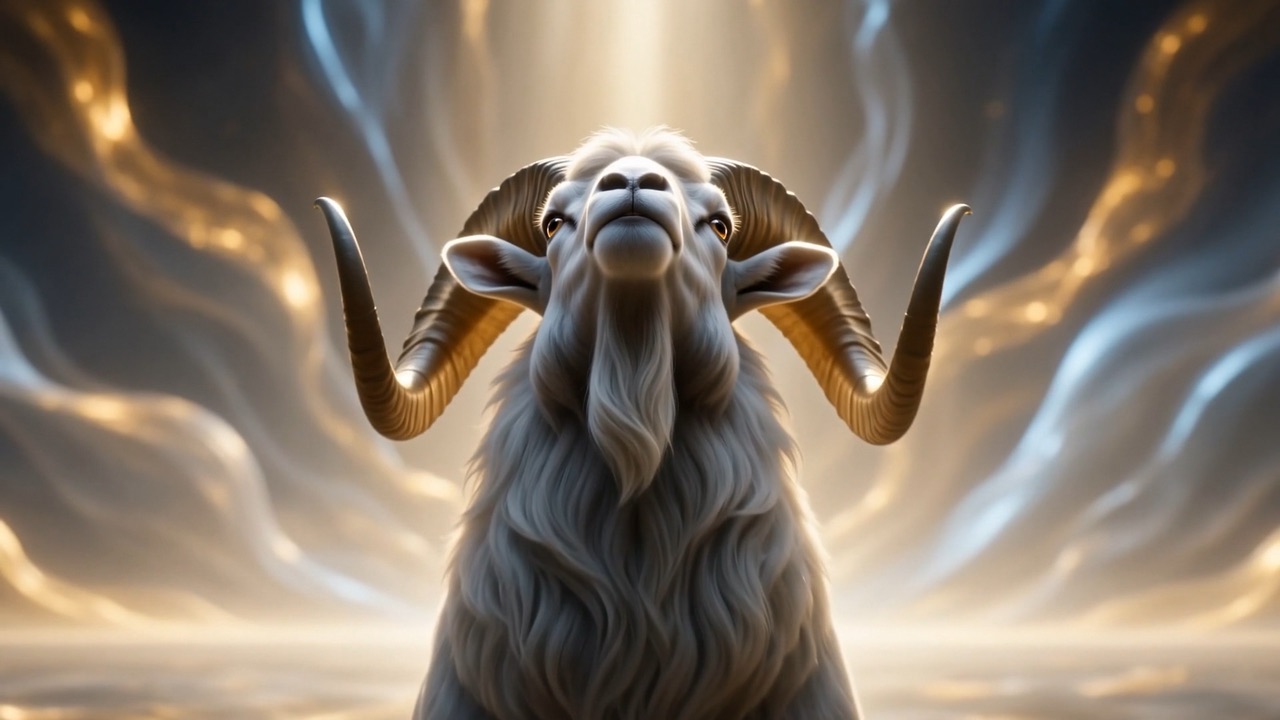 A white ram with two great curved horns facing the viewer in a place made of moving light