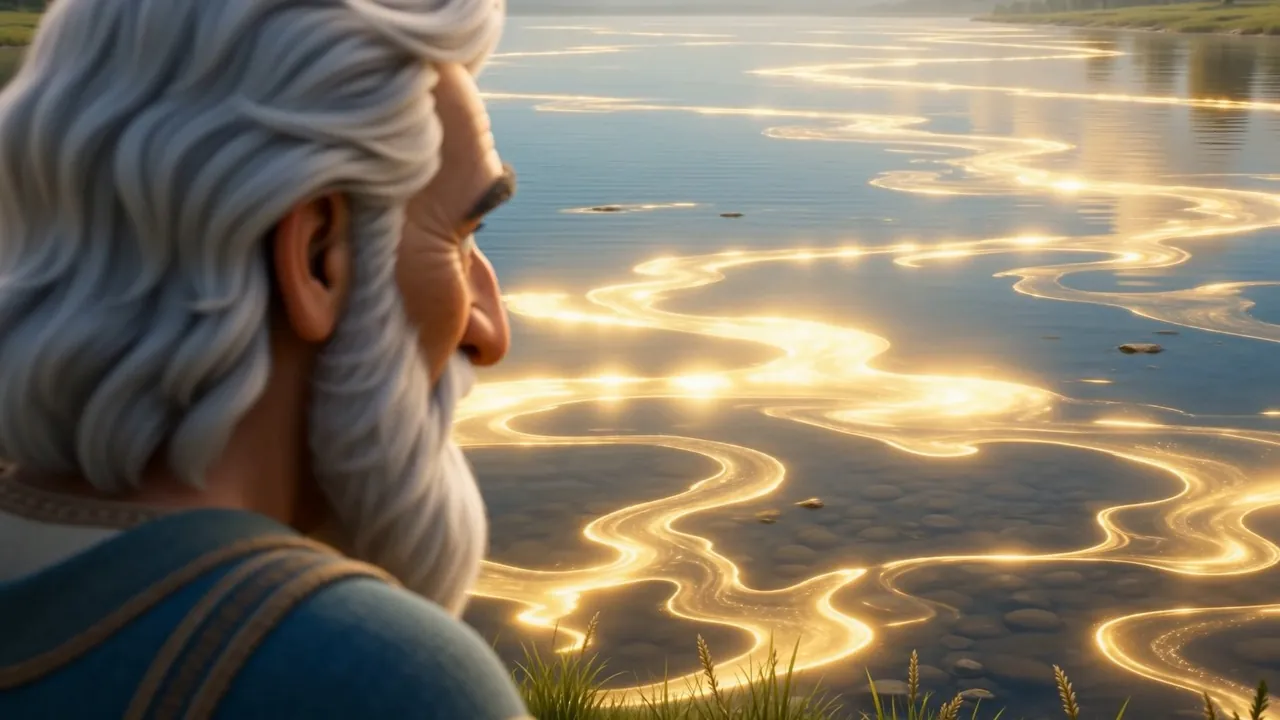 Light comes across the river in long ribbons