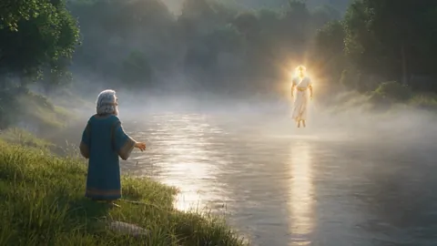 A figure of white and gold light standing on a misty river with an old man small on the bank