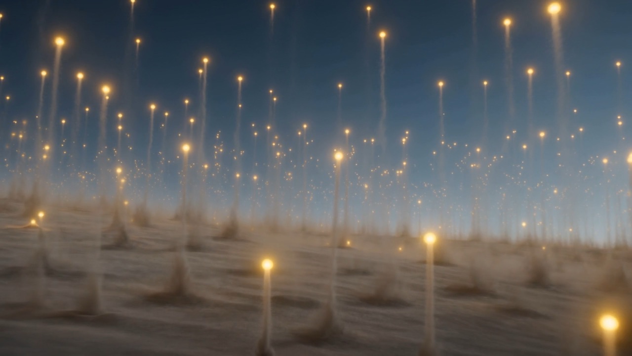 A vast grey dust plain at dawn with hundreds of points of golden light rising out of it