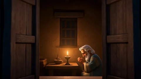 An open window at night looking into a small lamplit room where an old man kneels beside a single candle