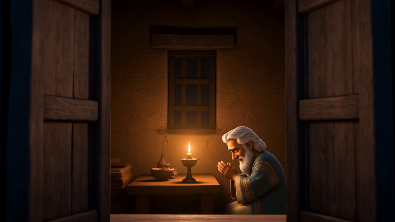 An open window at night looking into a small lamplit room where an old man kneels beside a single candle