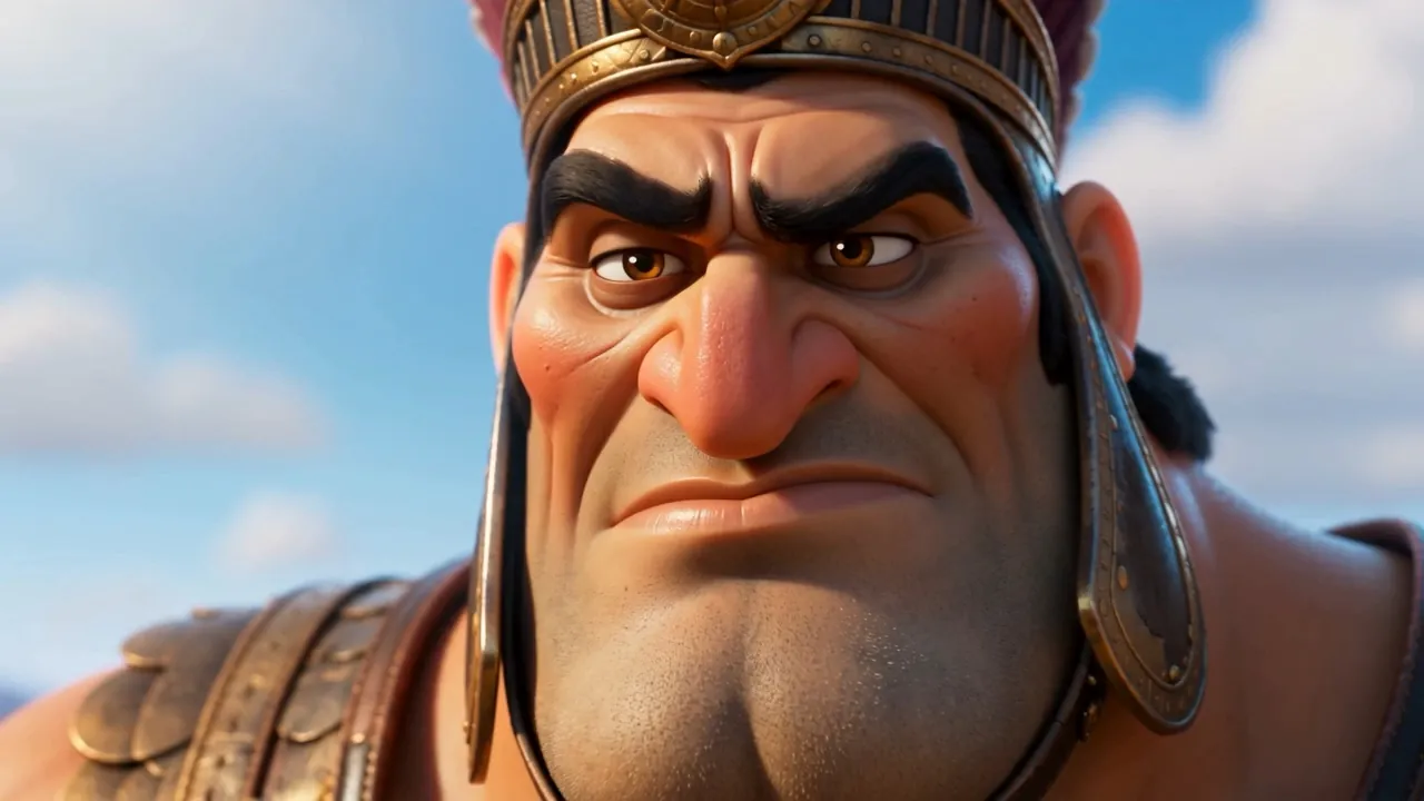 Goliath's mocking face in close-up