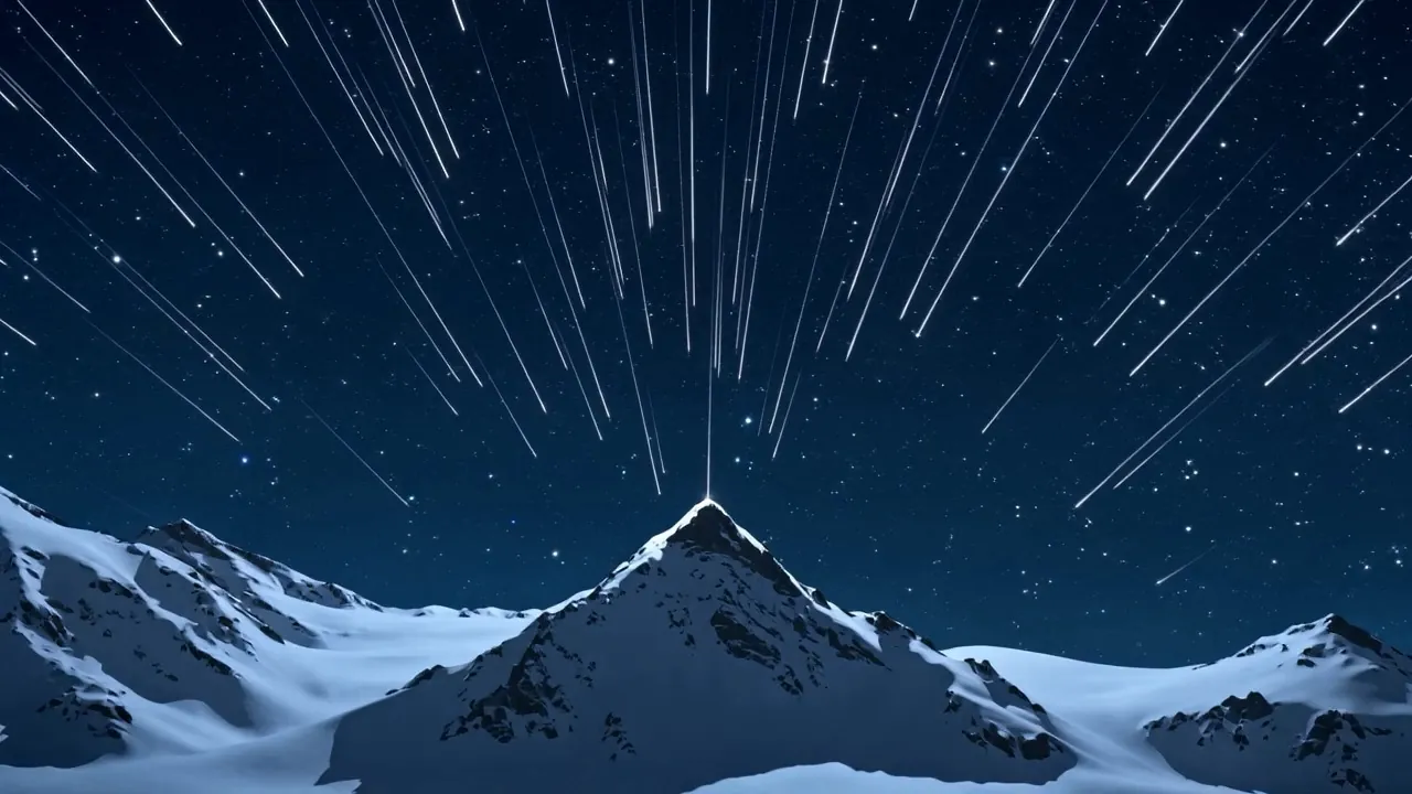 Streaks of light rake down over a snow-capped summit